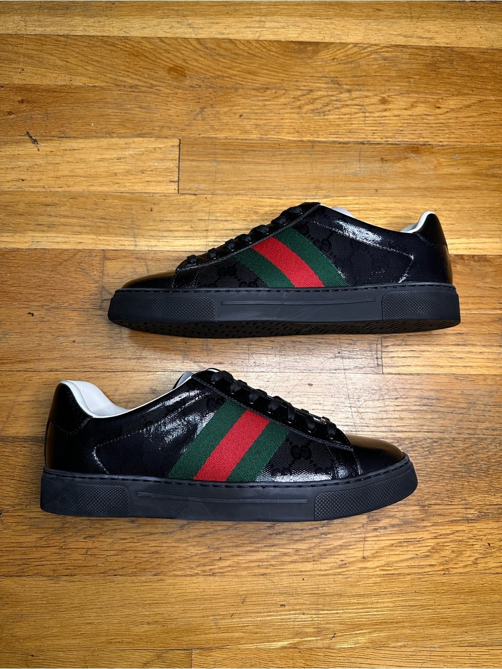 Gucci Crystal Canvas Black Leather Sneakers with Red & Green Web Stripe